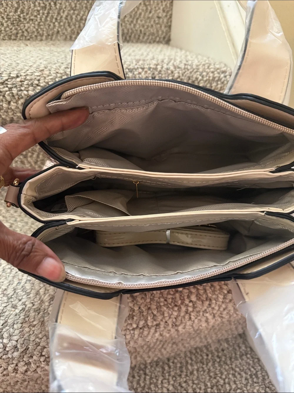 Beige & Pink Structured Satchel with Matching Wallet